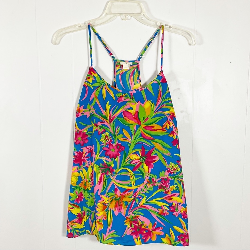 J Crew Floral Razor Back Tank Top Size Small Blue Vacation